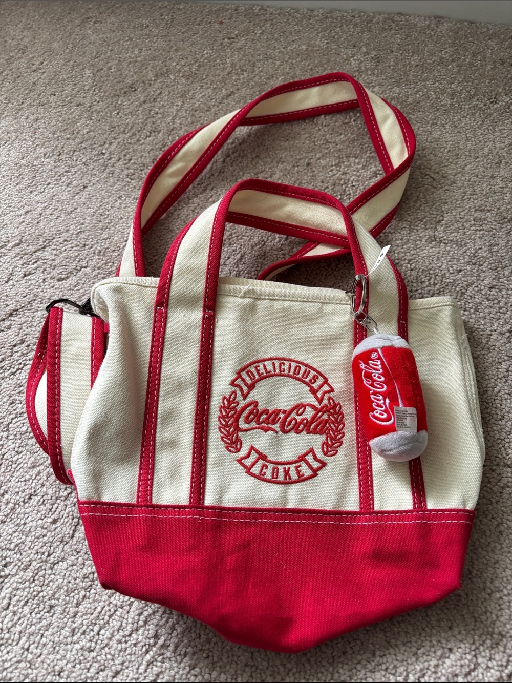 Coca Cola Cream Canvas Tote with Red Trim and Can Charm